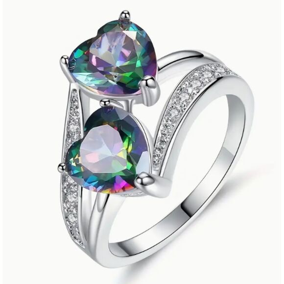 Twin Heart Cut Faux Gemstone & Crystals Stainless Steel Ring Size 7 New - Picture 1 of 4